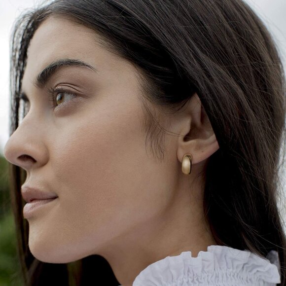 14K Gold Plated 925 Sterling Silver Posts Thick Dome Huggie Earrings for Women | - Picture 4 of 5